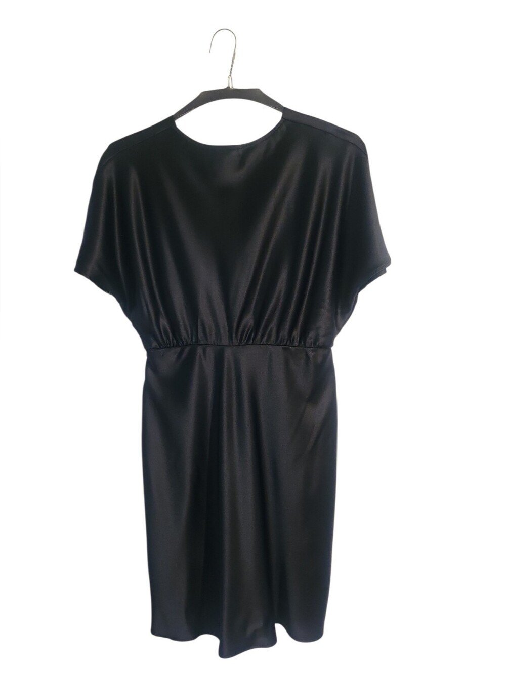 Rielle Classic Black Satin Empire Waist VNeckline Dolman Sleeves Women’s Dress L